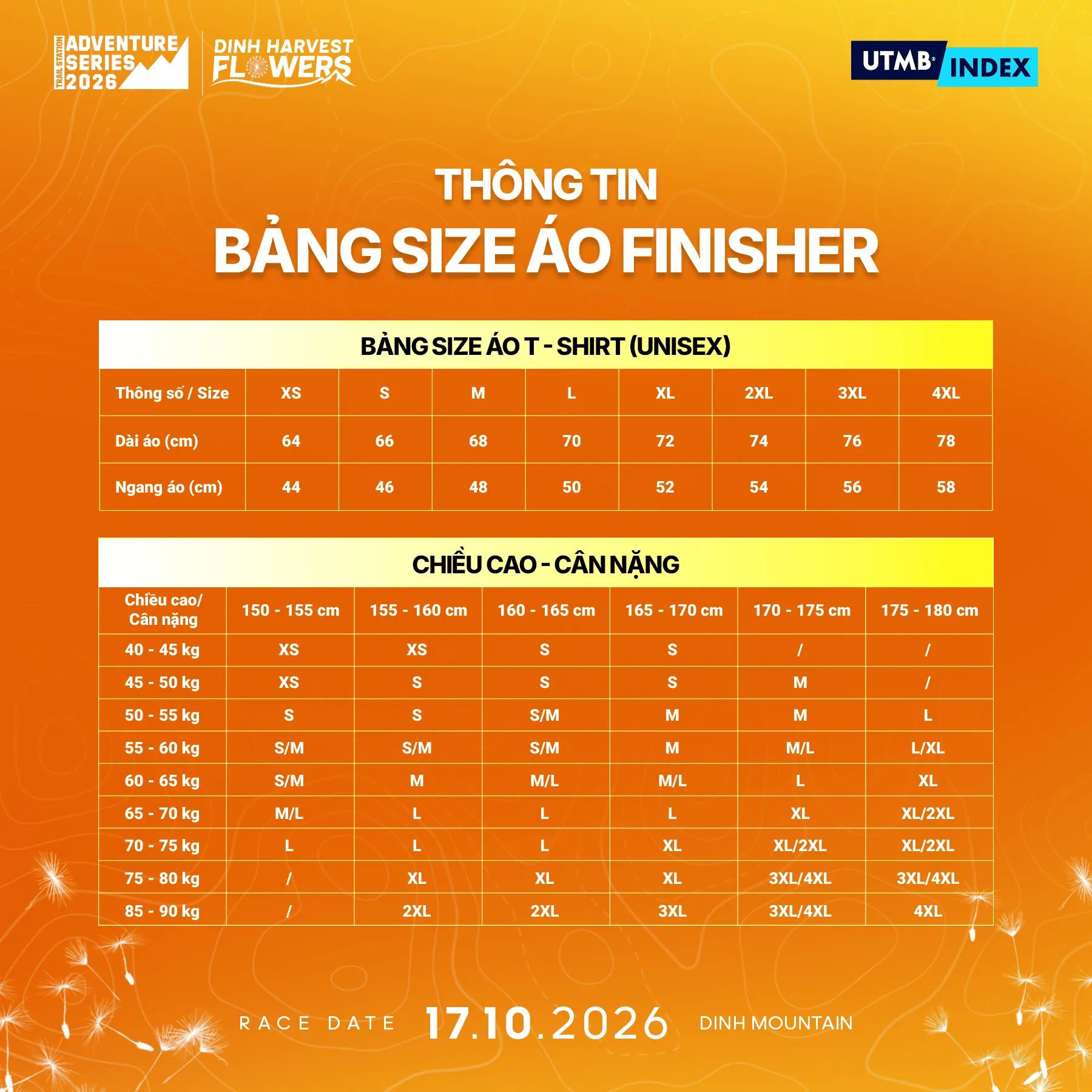 Bảng size áo finisher Dinh Harvest Flowers 2026