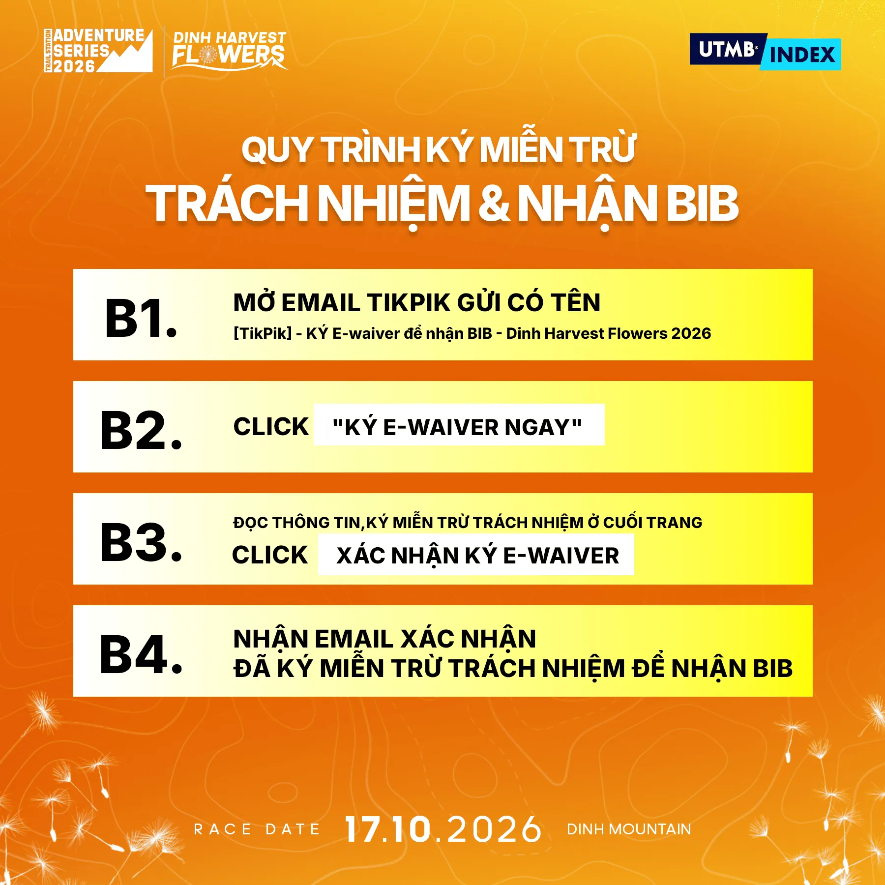 Quy trình ký miễn trừ trách nhiệm và nhận BIB Dinh Harvest Flowers 2026