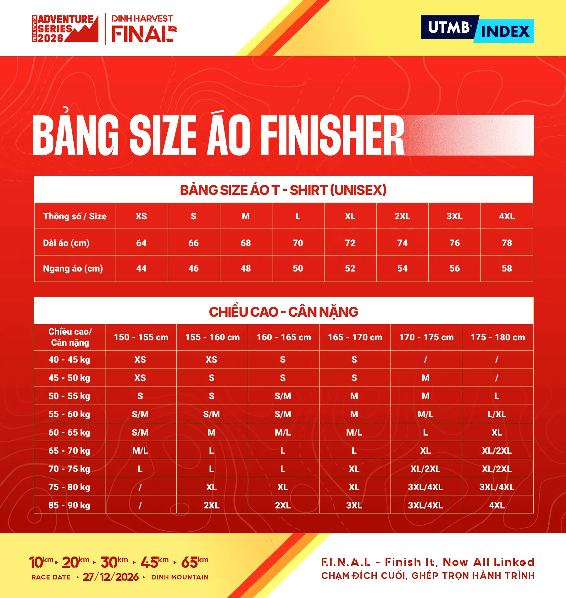 Bảng size áo finisher Dinh Harvest Final 2026