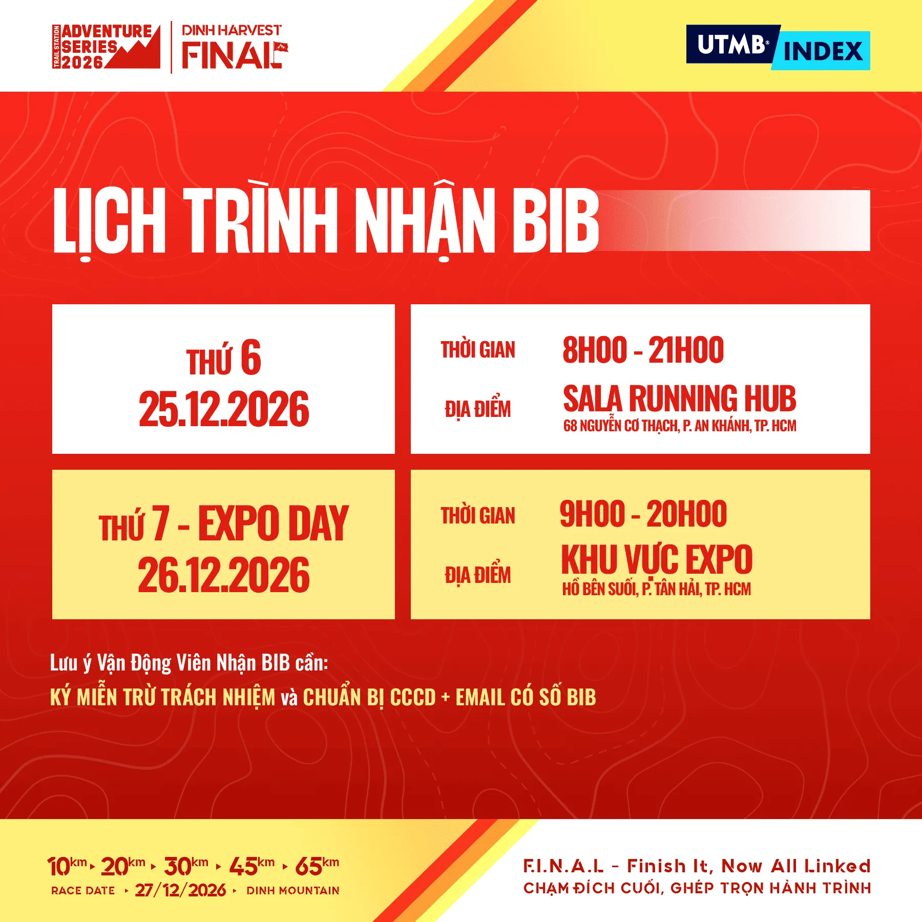 Lịch trình nhận BIB Dinh Harvest Final 2026
