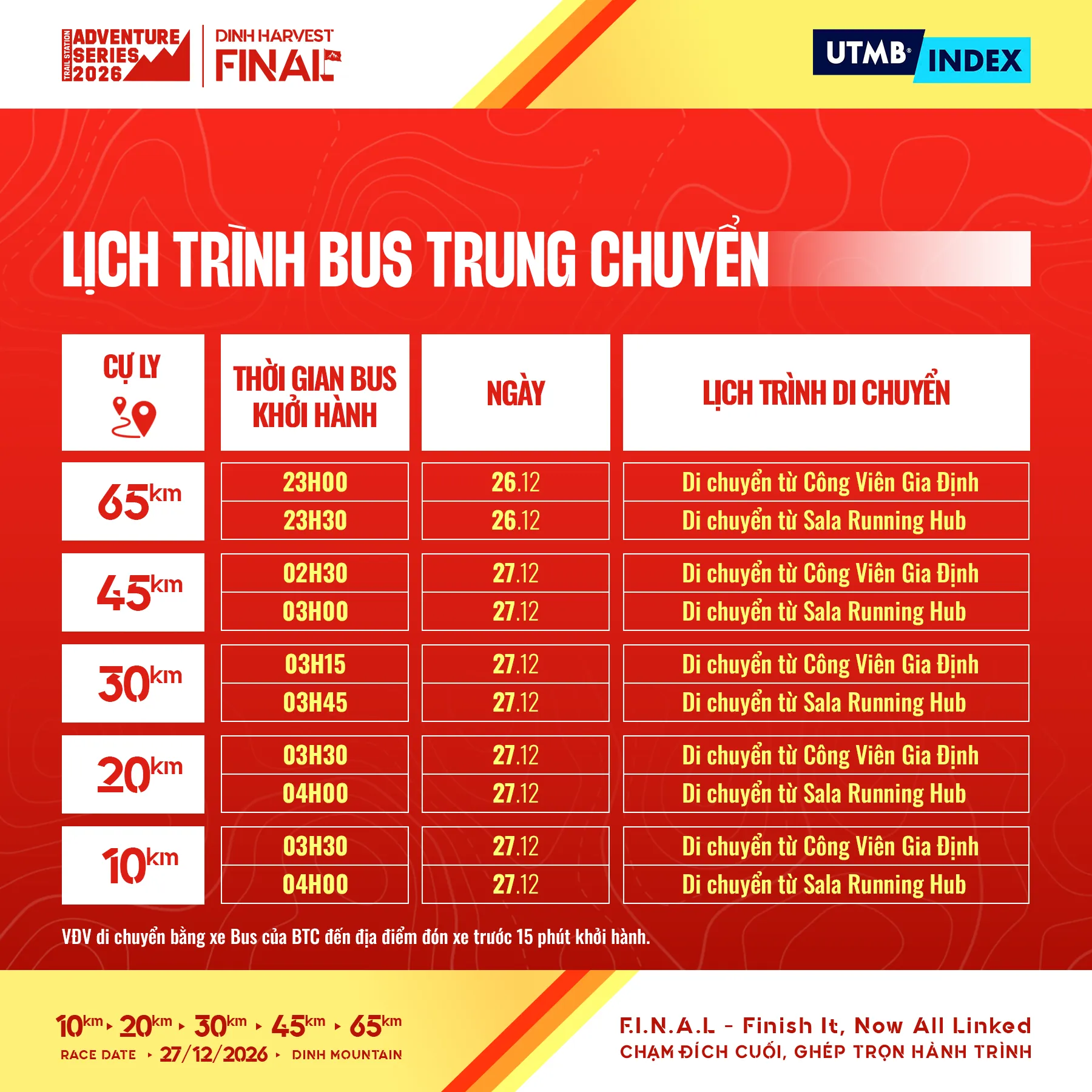 Lịch trình xe bus trung chuyển Dinh Harvest Final 2026
