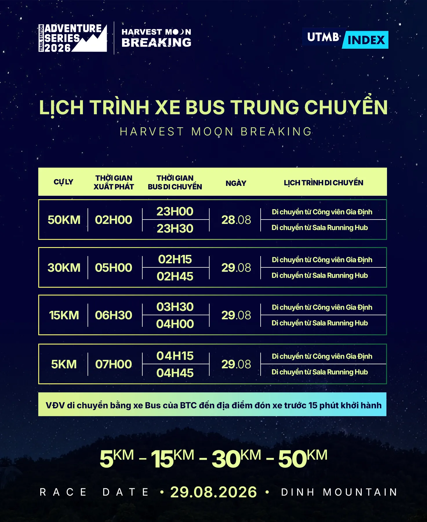 Lịch tr&igrave;nh xe bus trung chuyển Harvest Moon Breaking 2026