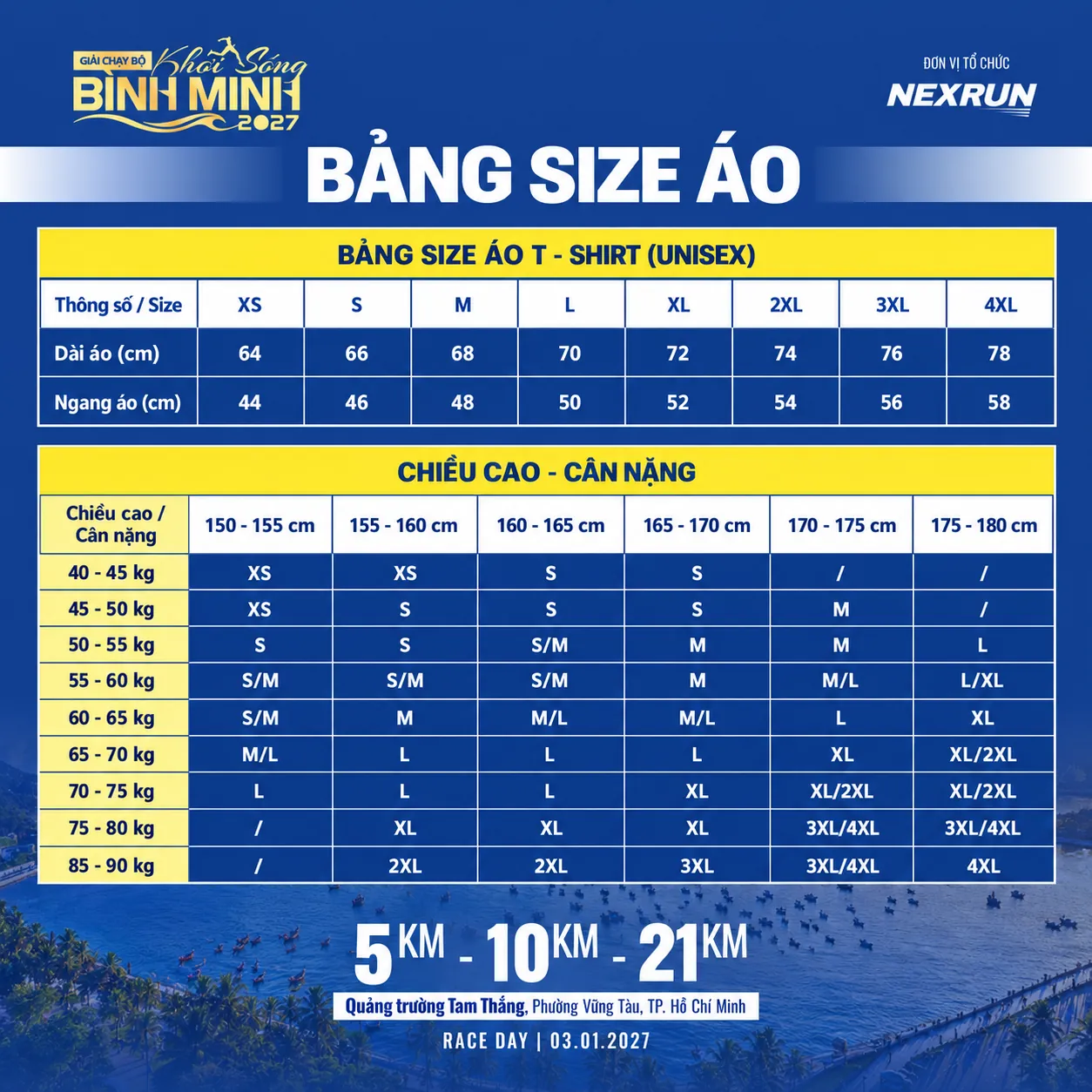 Bảng size áo Khơi Sóng Bình Minh 2027